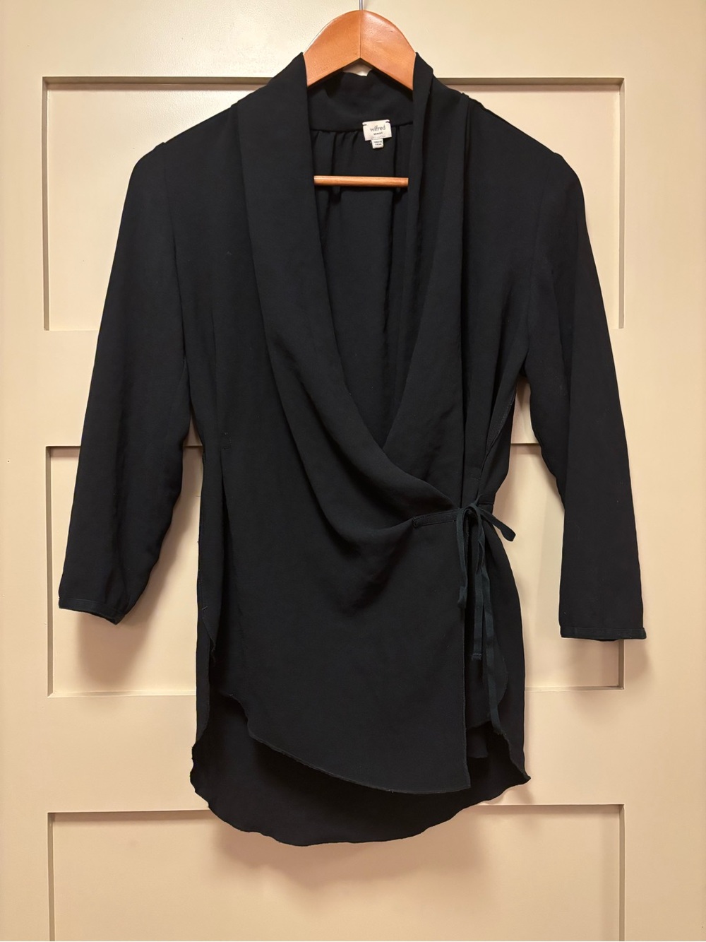 WILFRED Wrap Tie Blouse 3/4 Sleeve Cowl Neck Shawl Lapel Fluid Relaxed Tunic Top